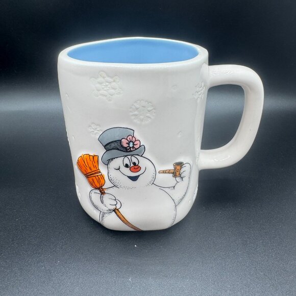 FROSTY THE SNOWMAN Rae Dunn Double Sided White Mug Snowflakes Blue 18 oz - Picture 1 of 10